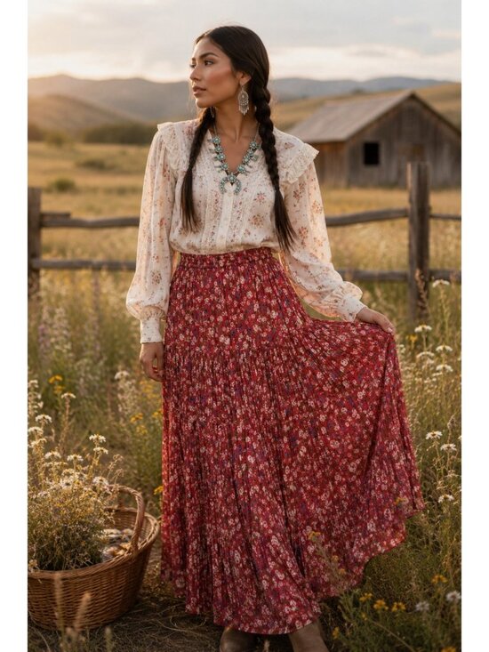 Tantrums Dresses & Skirts - Tantrums Floral Pleated Maxi Skirt Women’s M Red Pink Cottagecore Boho Pull-On R